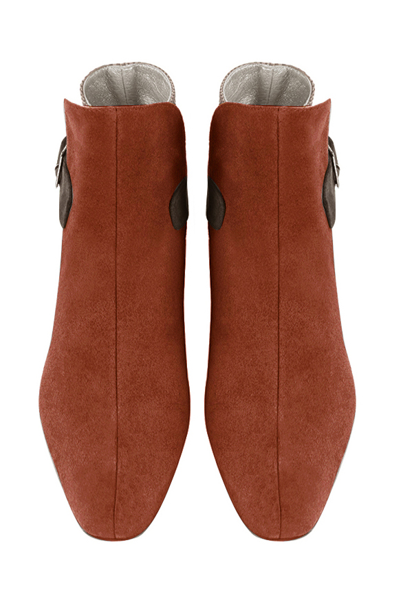Terracotta orange, tan beige and chocolate brown women's ankle boots with buckles at the back. Square toe. Medium block heels. Top view - Florence KOOIJMAN